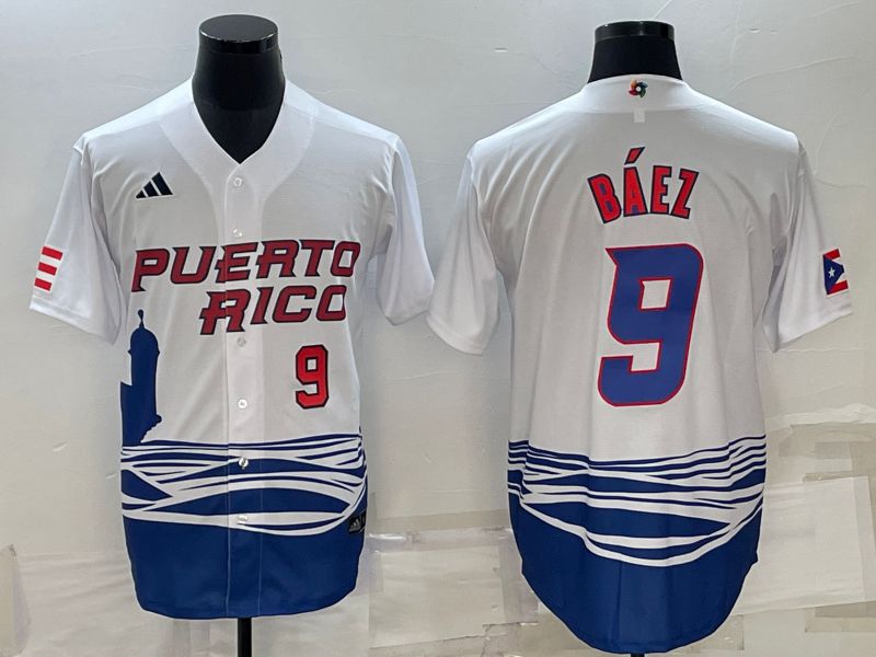 Men 2023 World Cub 9 Baez White MLB Jersey4